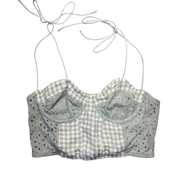 Urban Outfitters Gingham Eyelet Crop Top Size Small Tie-Back Bralette Corset - Picture 2 of 10